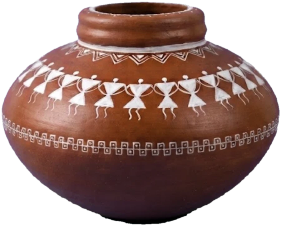 A hand-painted terracotta matka water pot decorated with white Warli figures